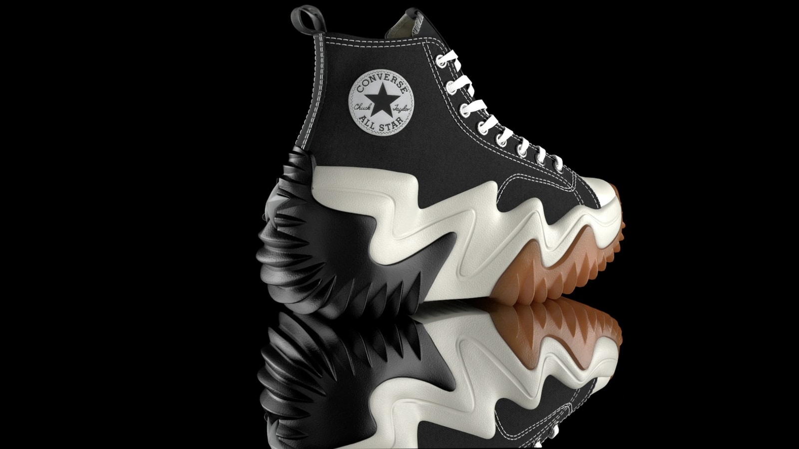 Converse Run Star Motion sneaker reflected on a black surface.