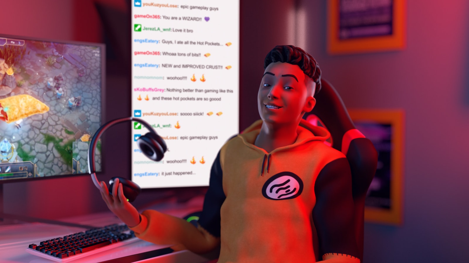 Final rendered gamer scene with lighting and a live chat panel.