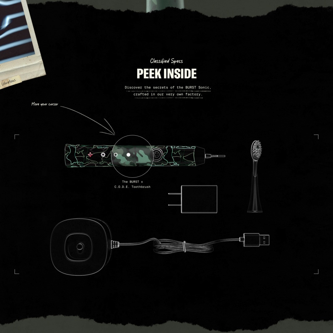 A dark Burst C.O.D.E. microsite layout features a toothbrush diagram.