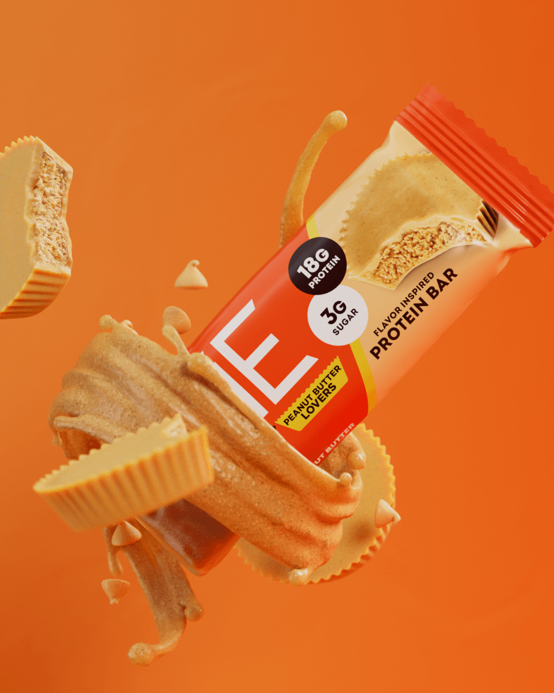 ONE Reese’s protein bar with a peanut butter swirl on an orange background.