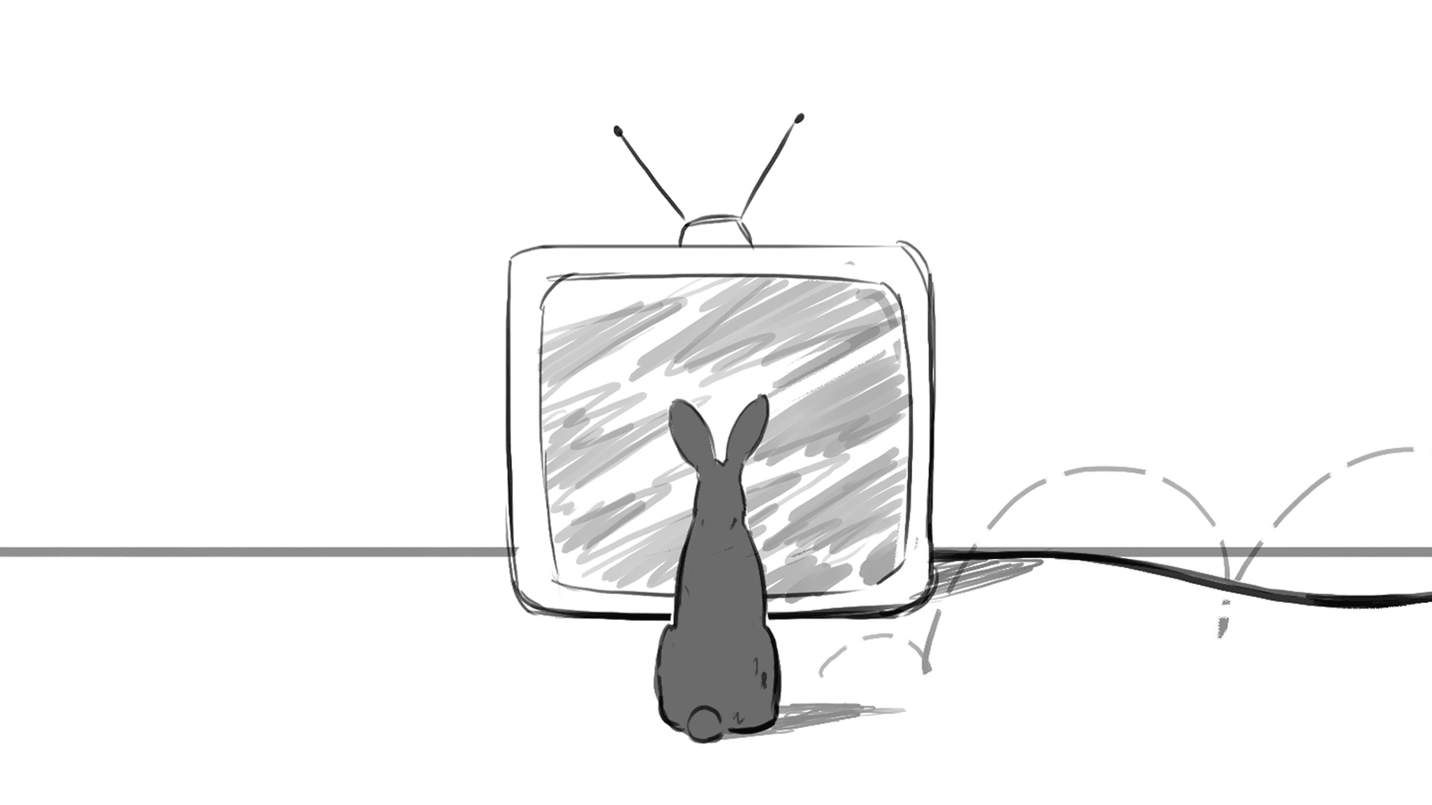 Storyboard sketch of a rabbit watching television.