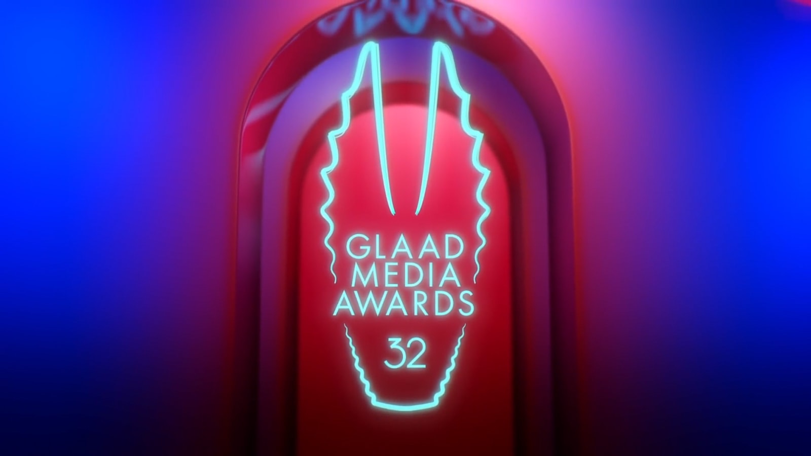 A glowing cyan outline frames the 32nd GLAAD Media Awards logo.