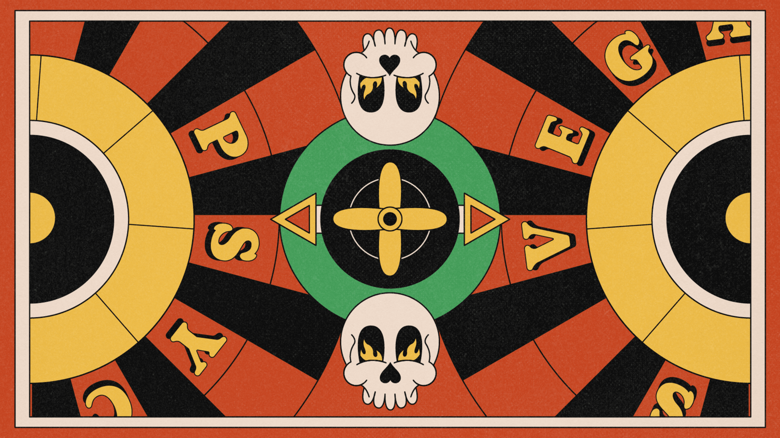 Skulls and geometric shapes form a kaleidoscopic Psycho Las Vegas design.