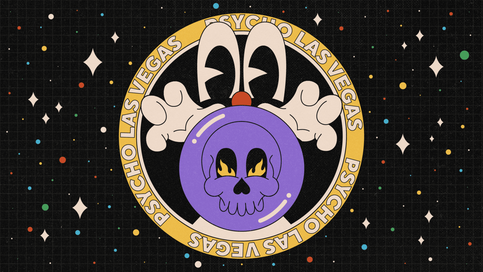 A purple skull and gloved hands sit inside a Psycho Las Vegas emblem.
