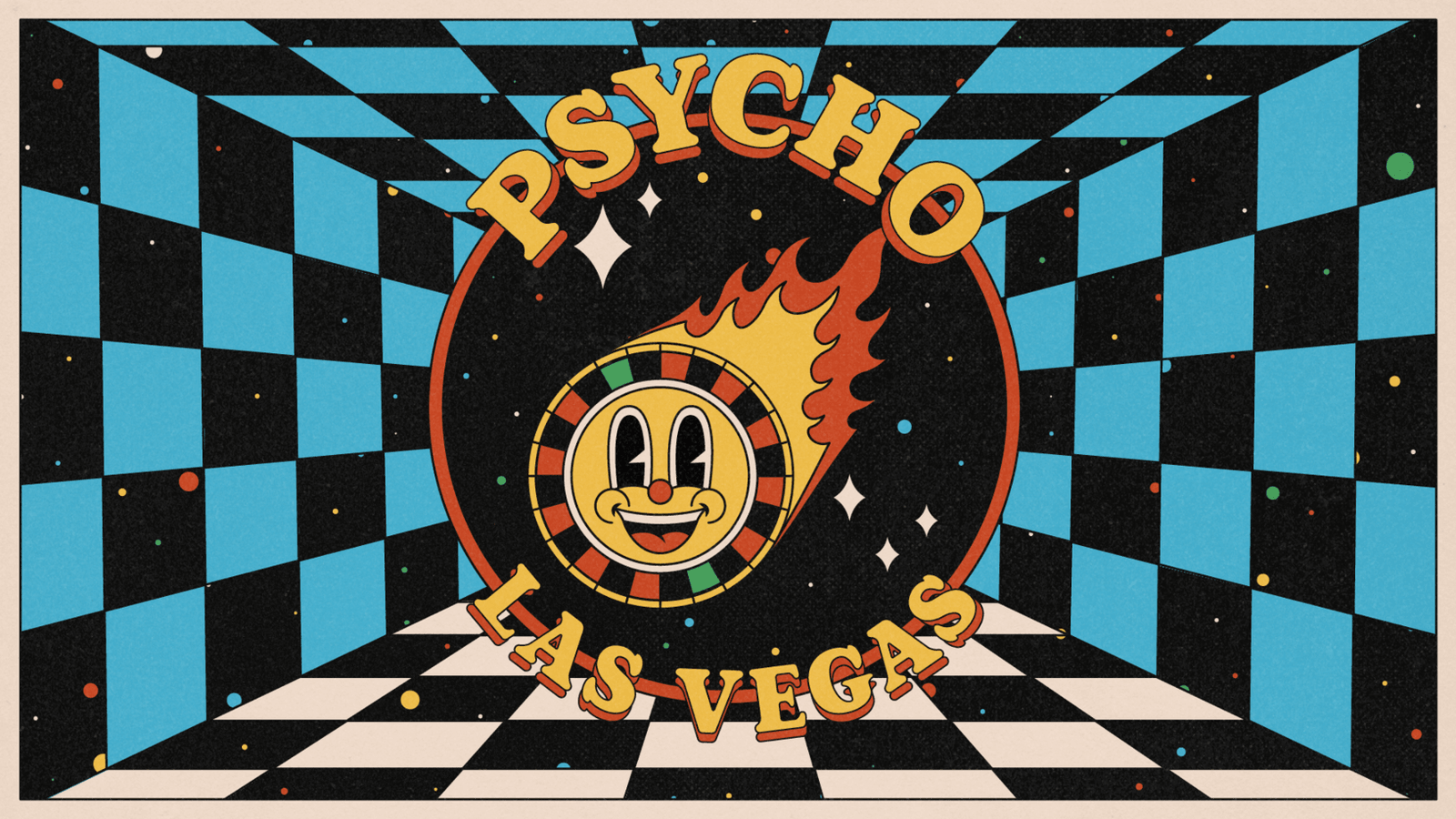Psycho Las Vegas lettering and a character float in a checkerboard tunnel.
