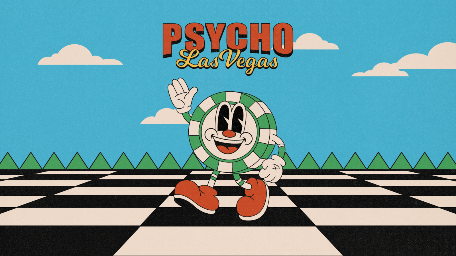 A cartoon character sits beneath the Psycho Las Vegas logo on a checkerboard floor.