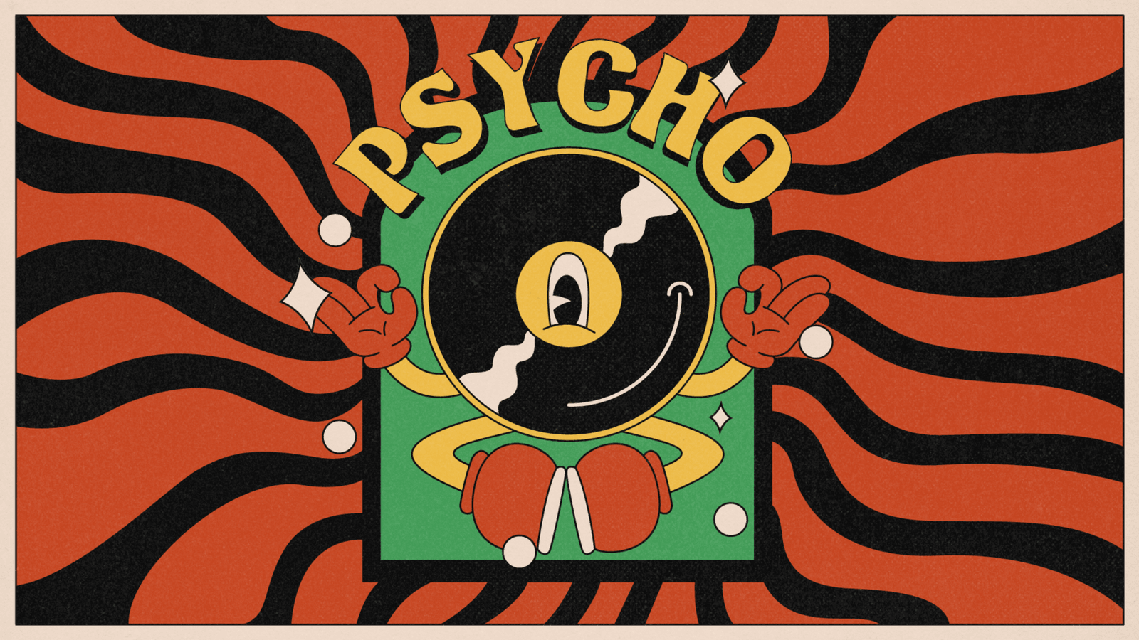A cartoon character stands against orange and black radiating stripes.