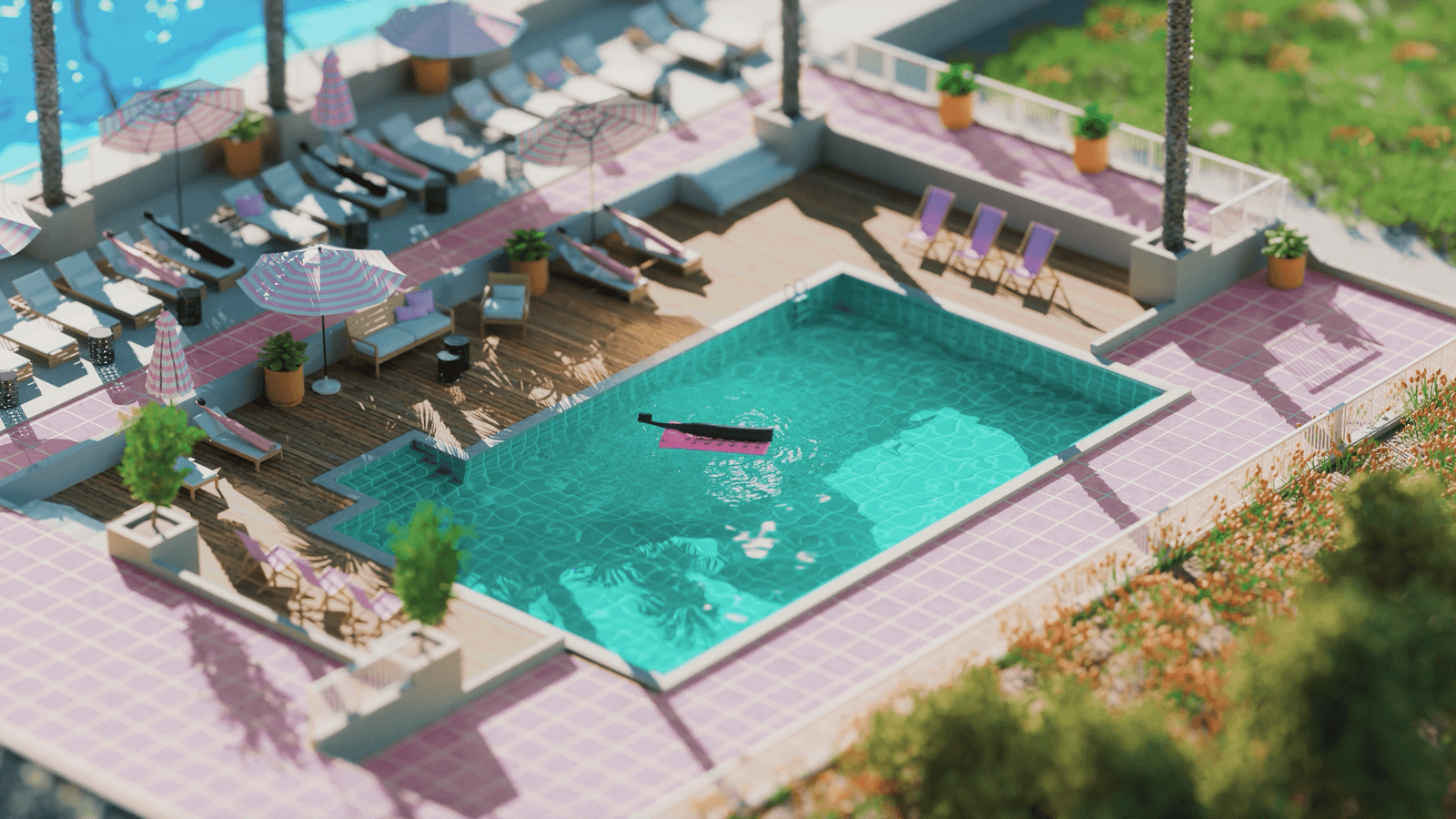 A miniature poolside resort with a pink car and colorful lounge chairs.