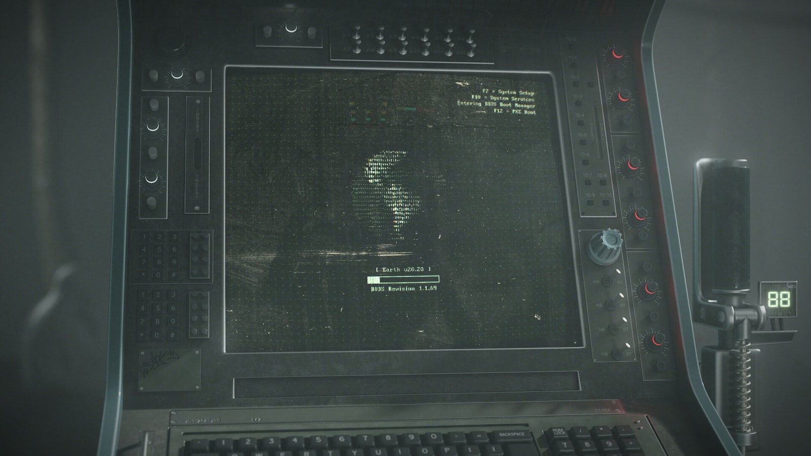 A retro computer monitor in a dark room.
