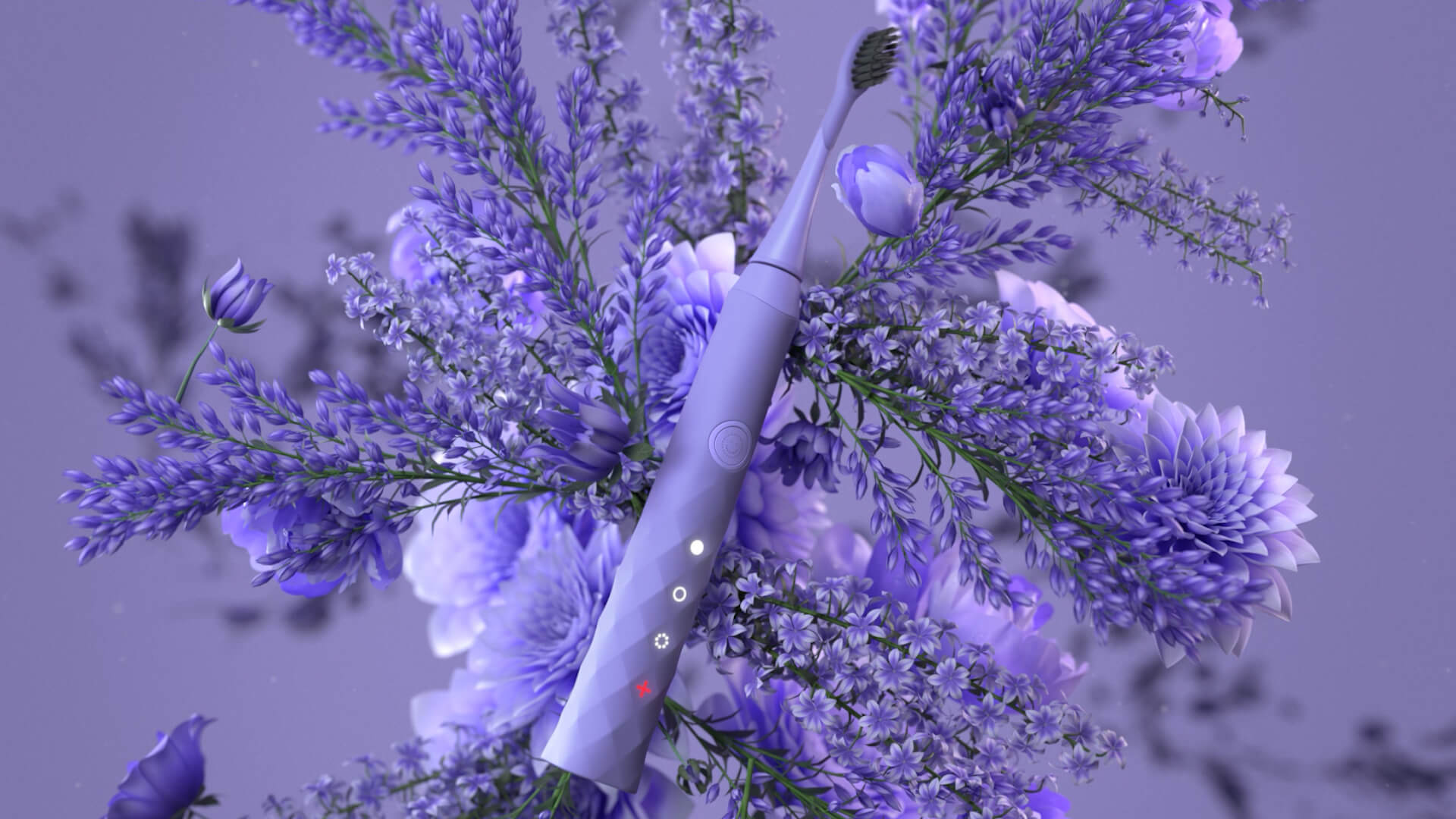 A lavender Burst toothbrush floats among purple flowers.