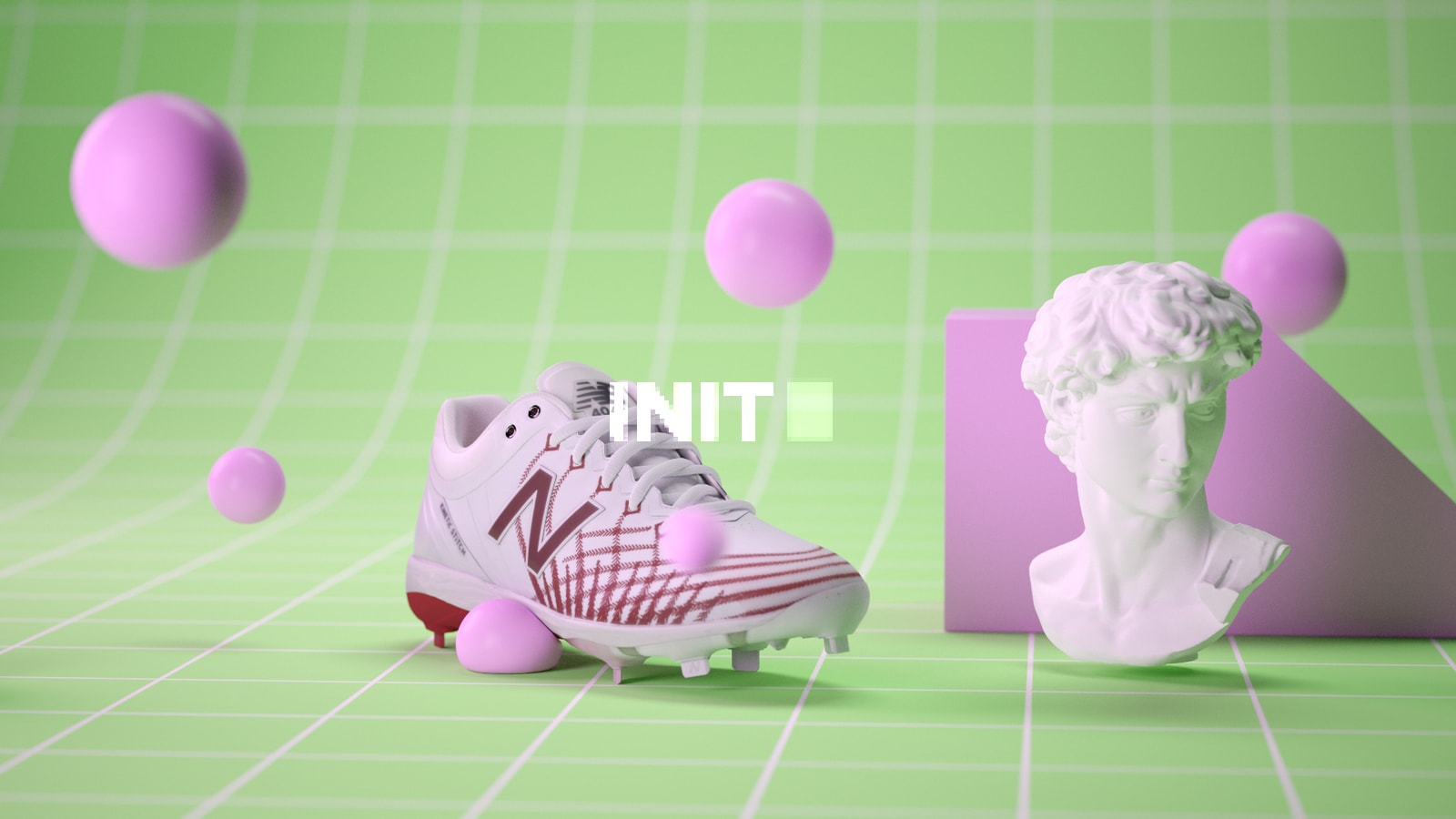 A pink New Balance cleat among pink spheres and a sculpted head.