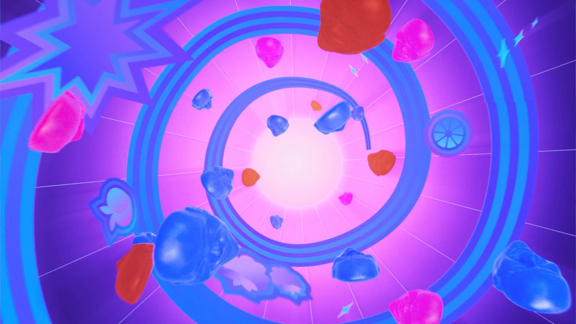 Colorful gummies spiral through a purple and pink graphic tunnel.