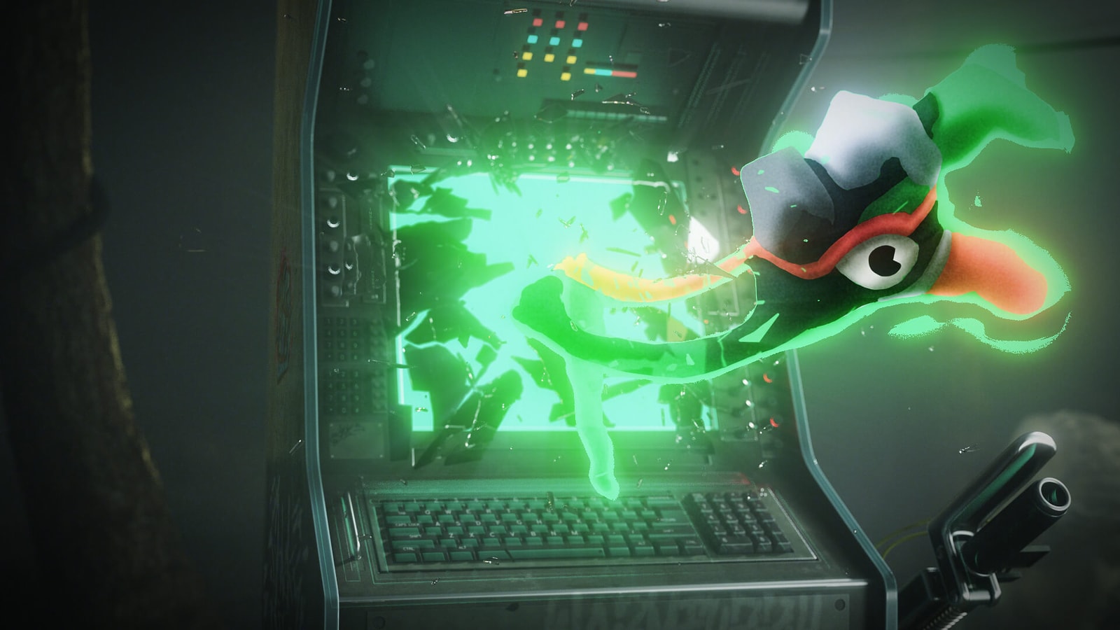 A colorful character bursts out of a glowing computer screen.