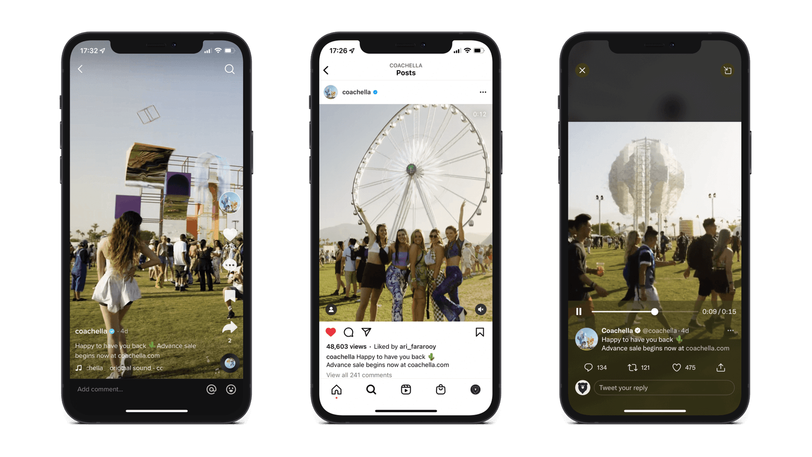 Three phone mockups show Coachella social videos featuring the festival’s surreal visual effects.