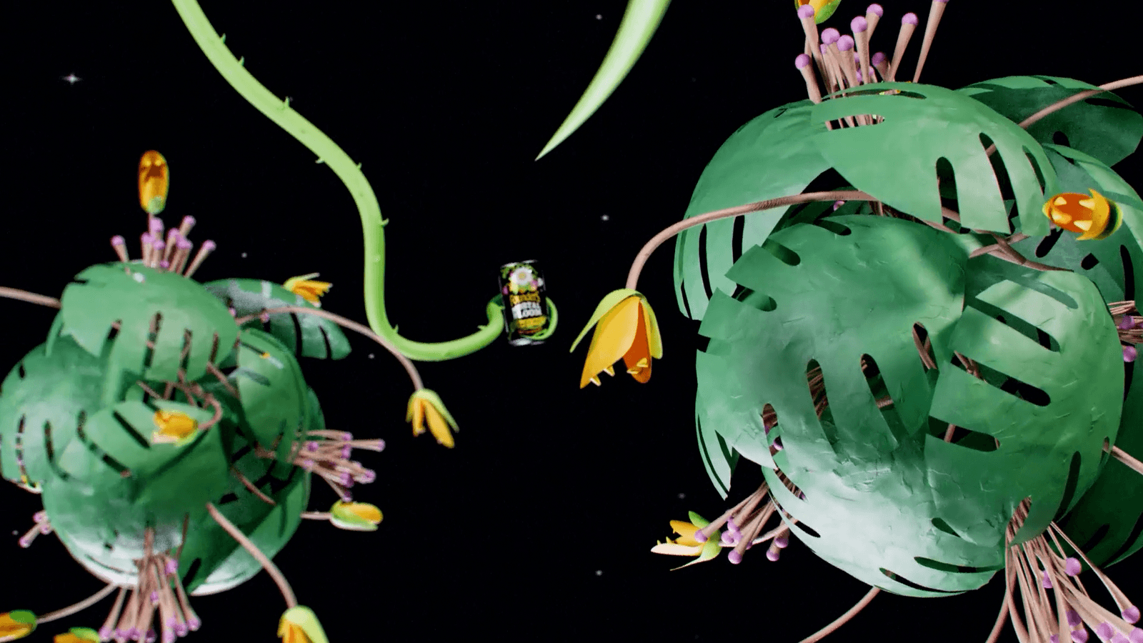 Green leaves with eyes and teeth surround a twisting vine.