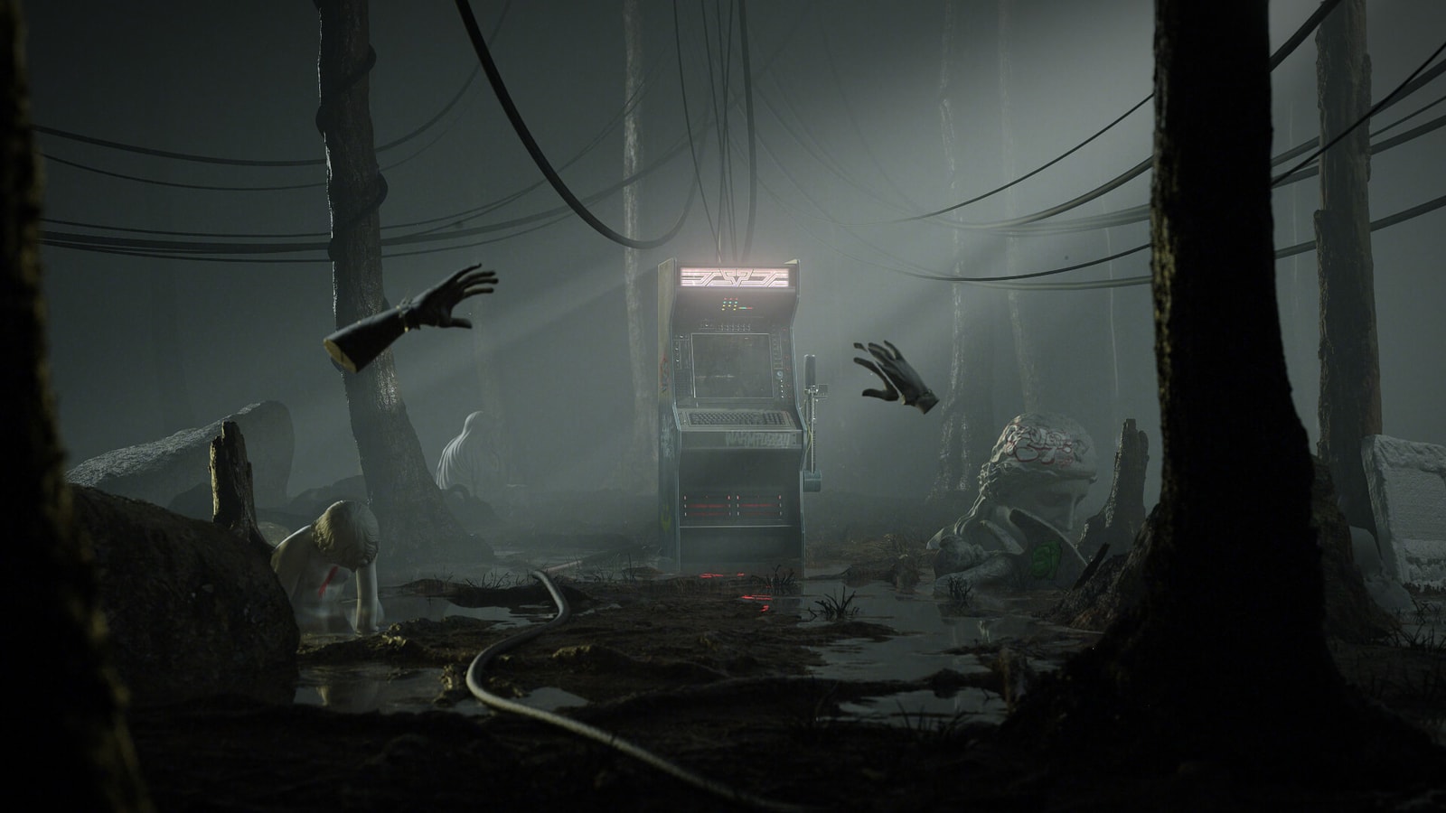 A dark industrial alley with overhead cables.