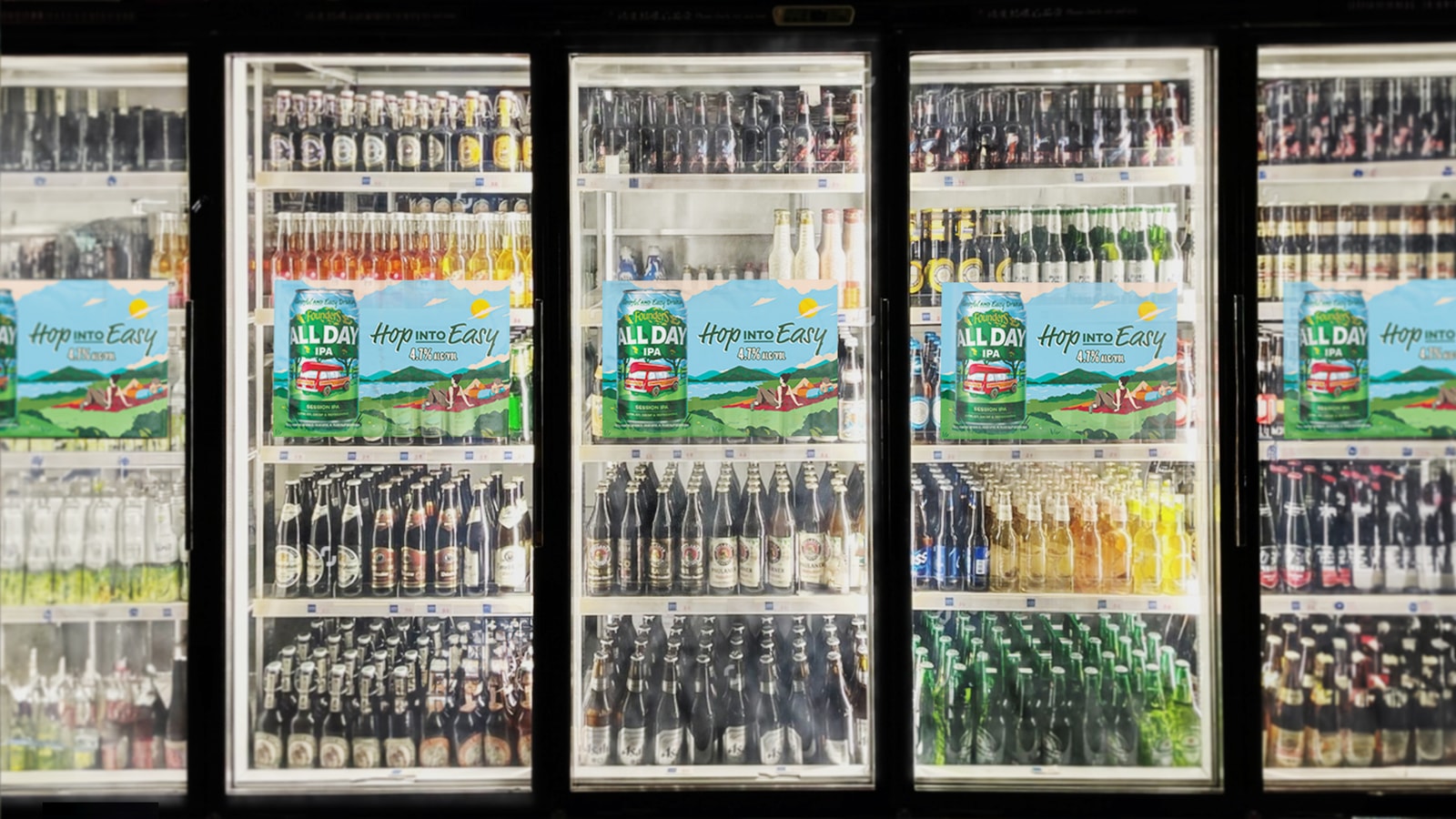 All Day IPA campaign graphics appear on store cooler doors.