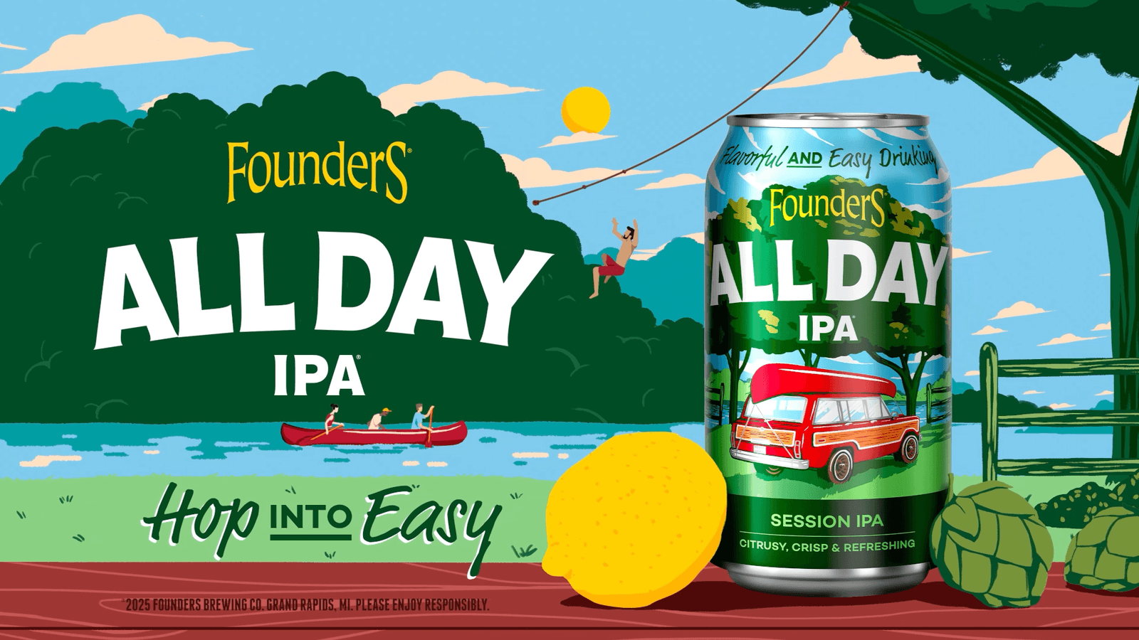 An illustrated All Day IPA end card shows a can by a lake.