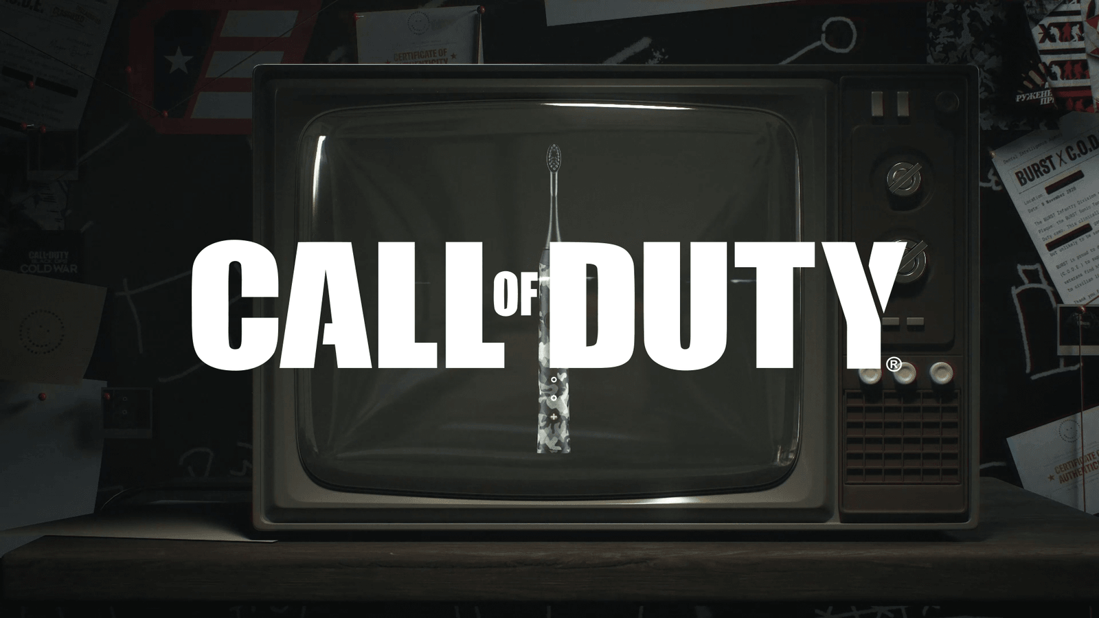 A vintage television displays the Call of Duty logo.