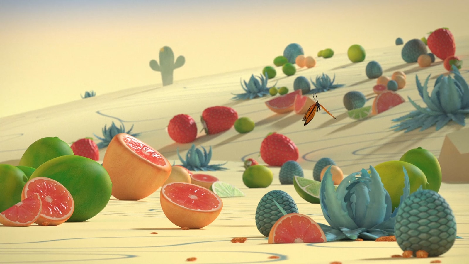 Sliced grapefruit, limes, and patterned forms fill a surreal desert landscape.