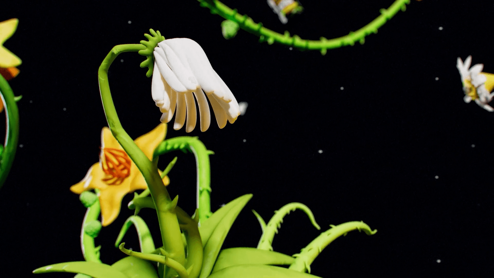 Carnivorous flowers and curling vines against black.