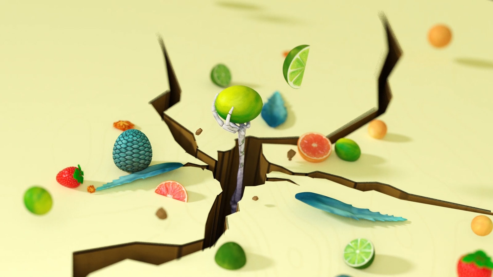 Floating citrus and patterned fruit surround a branching sculptural form.