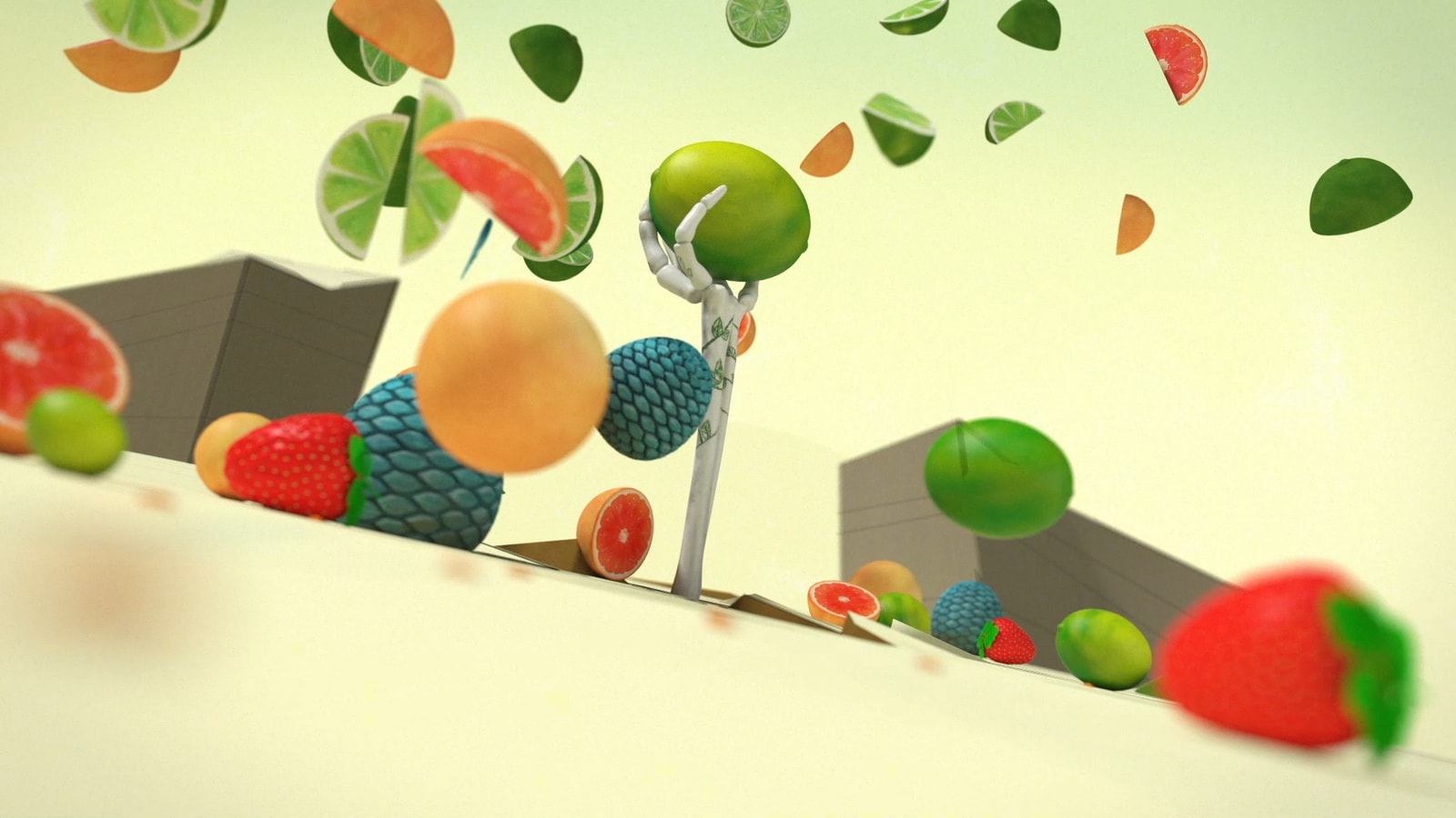 Fruit and leaves float across a bright Más Agave landscape.