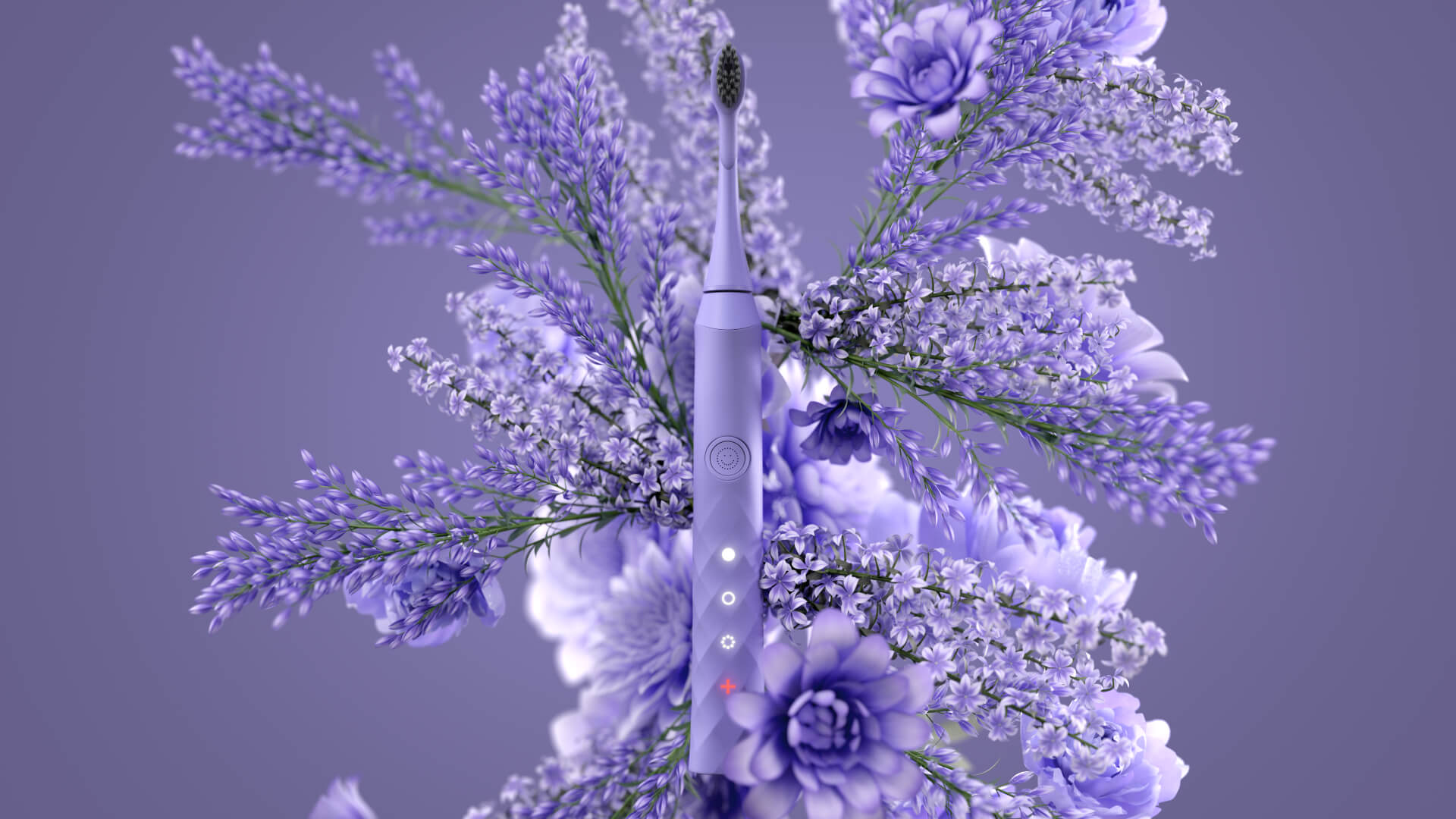 A lavender Burst toothbrush is surrounded by purple flowers.