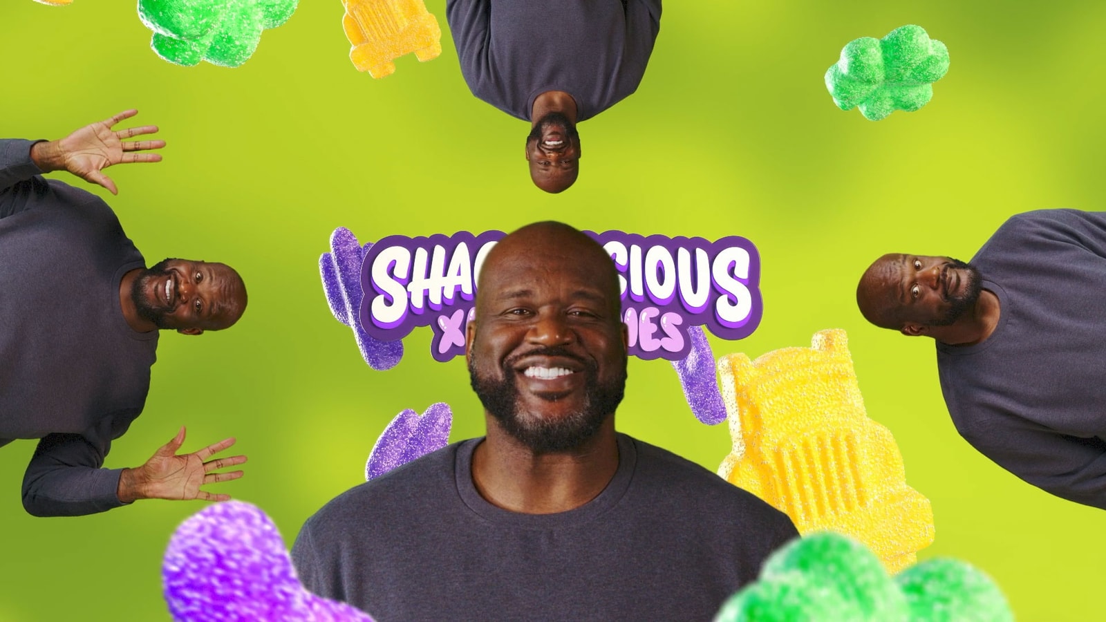 Shaquille O’Neal appears in a green Shaqalicious gummies end card.
