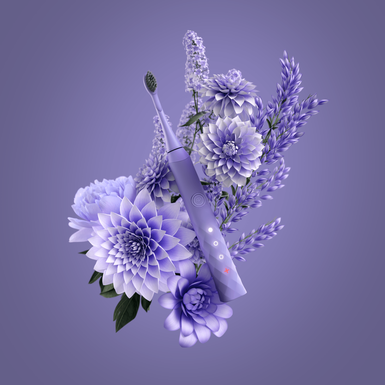 A lavender Burst toothbrush surrounded by purple flowers and foliage.