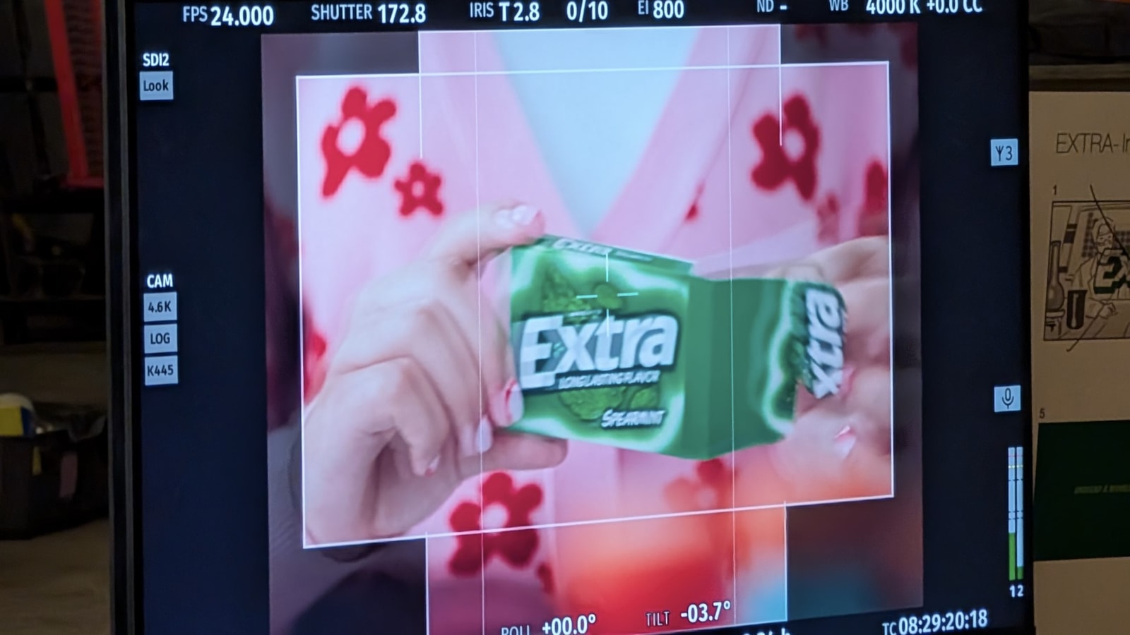 Production monitor showing a close-up of an Extra gum pack.
