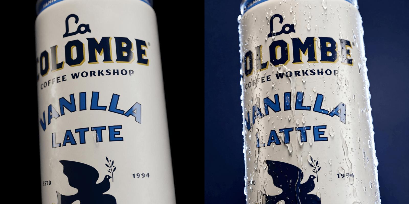 La Colombe vanilla latte can before and after AI adds condensation.