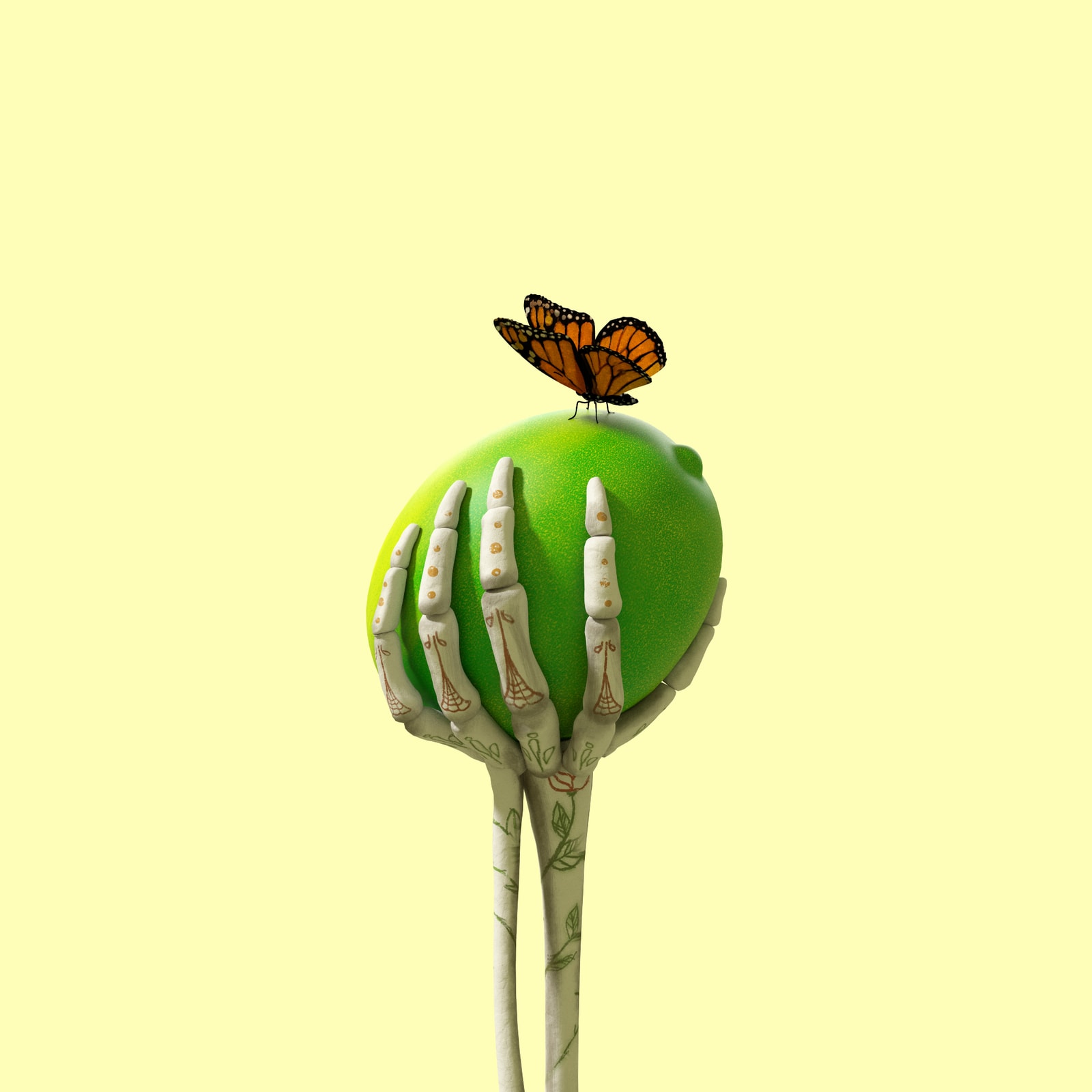 A butterfly rests on a lime held by a sculptural silver hand.
