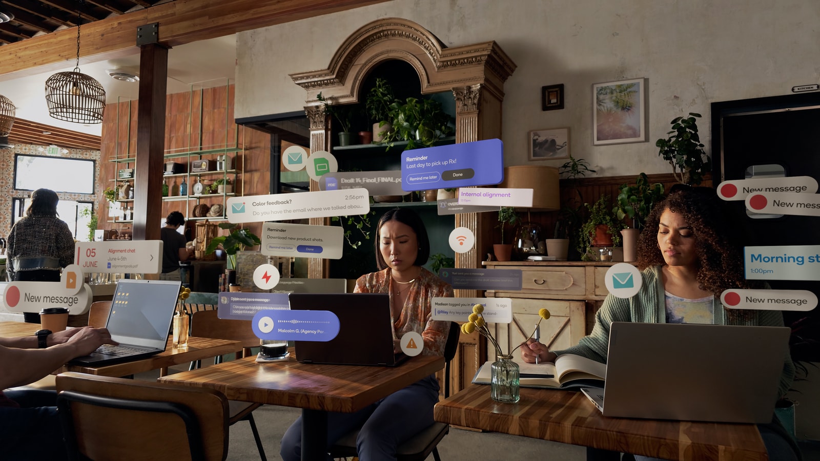 A café table surrounded by animated notifications.