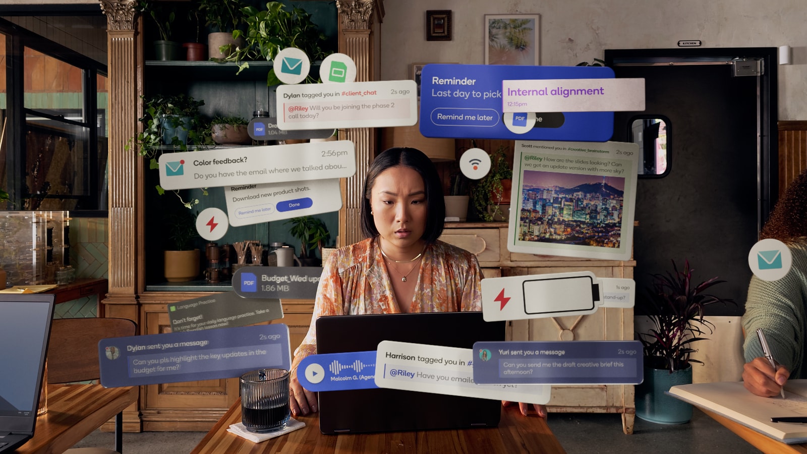 Digital notifications fill a busy café.