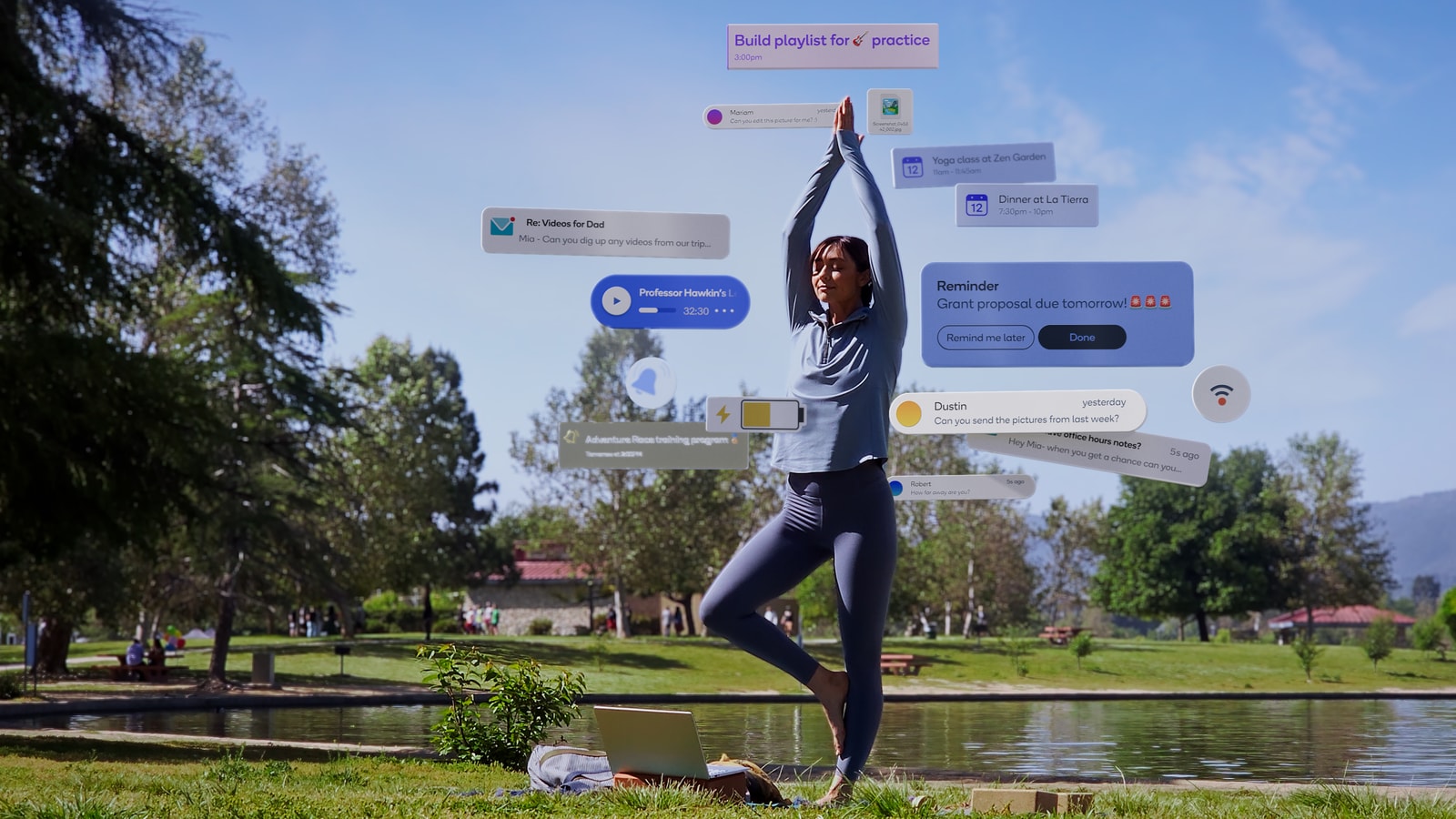 A person holds a yoga pose surrounded by floating notifications.