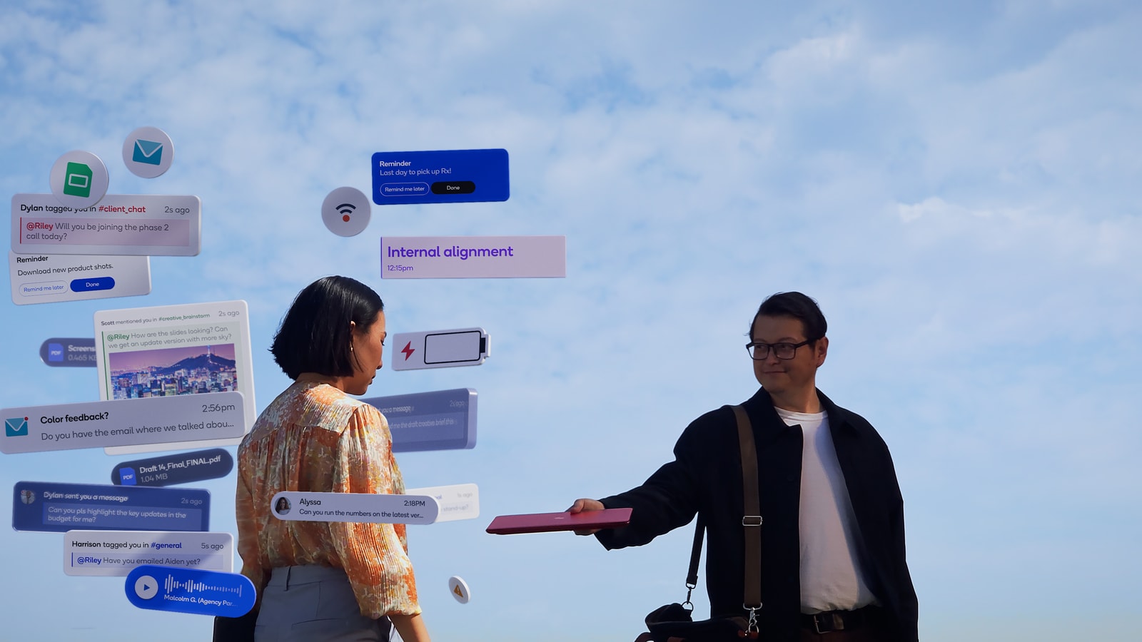Two people meet outdoors amid floating notifications.