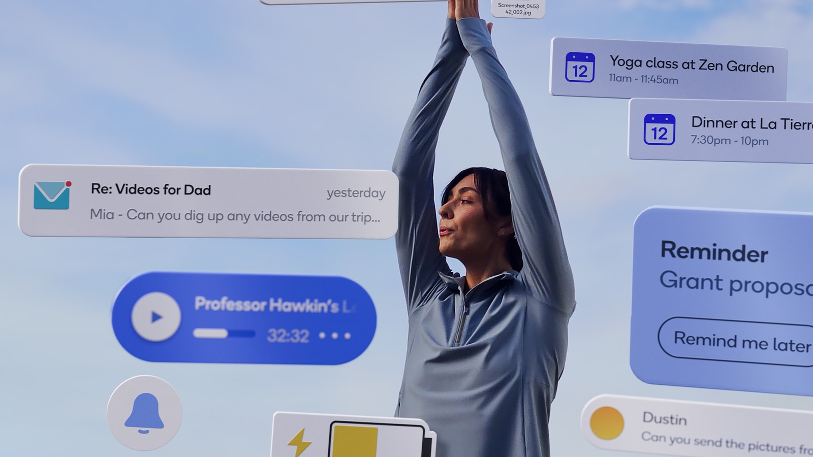 Floating notifications surround a person stretching outdoors.