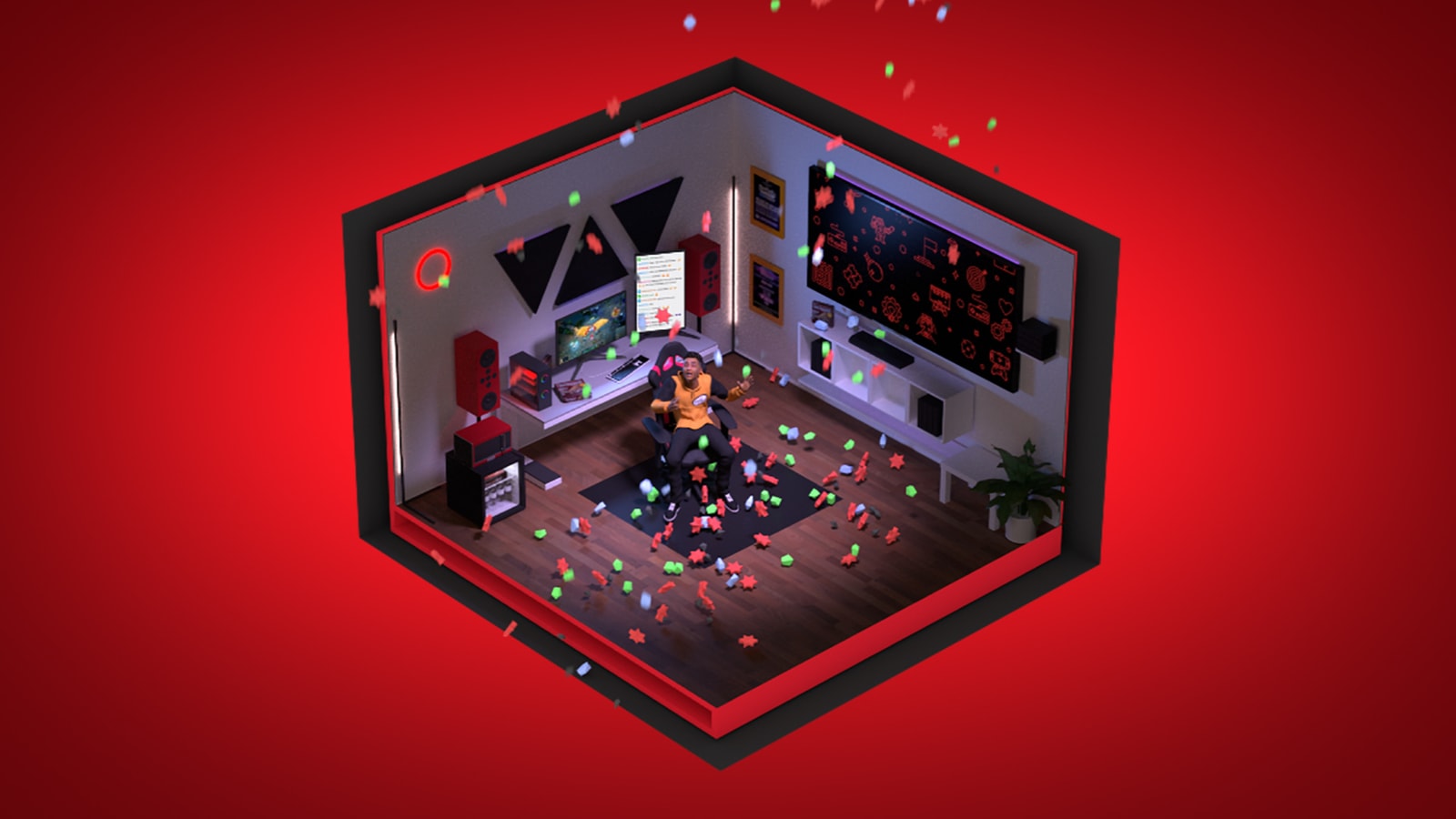 Cutaway CG gaming room floating against a red background.