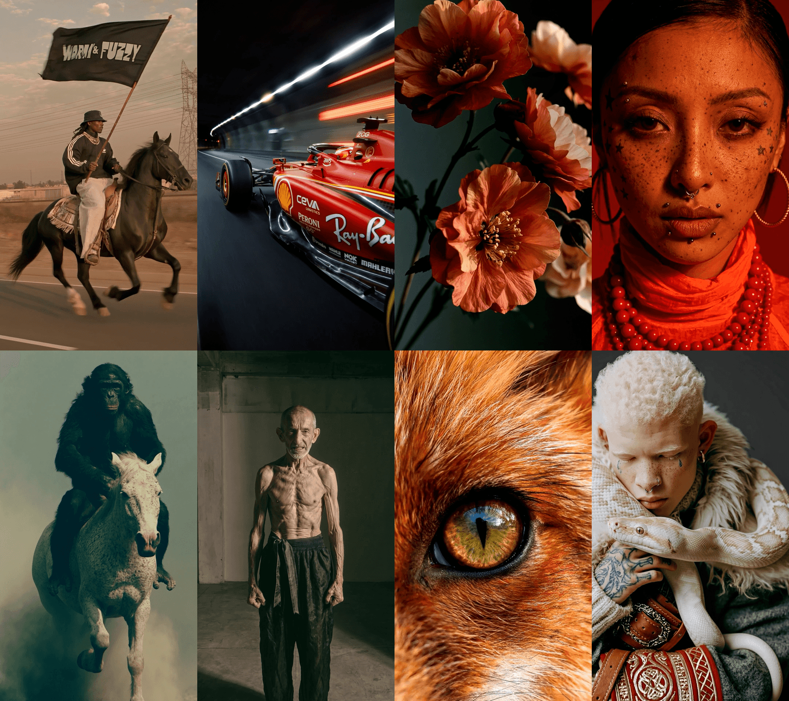 Eight concept images exploring riders, racing, flowers, portraits, and a cat’s eye.