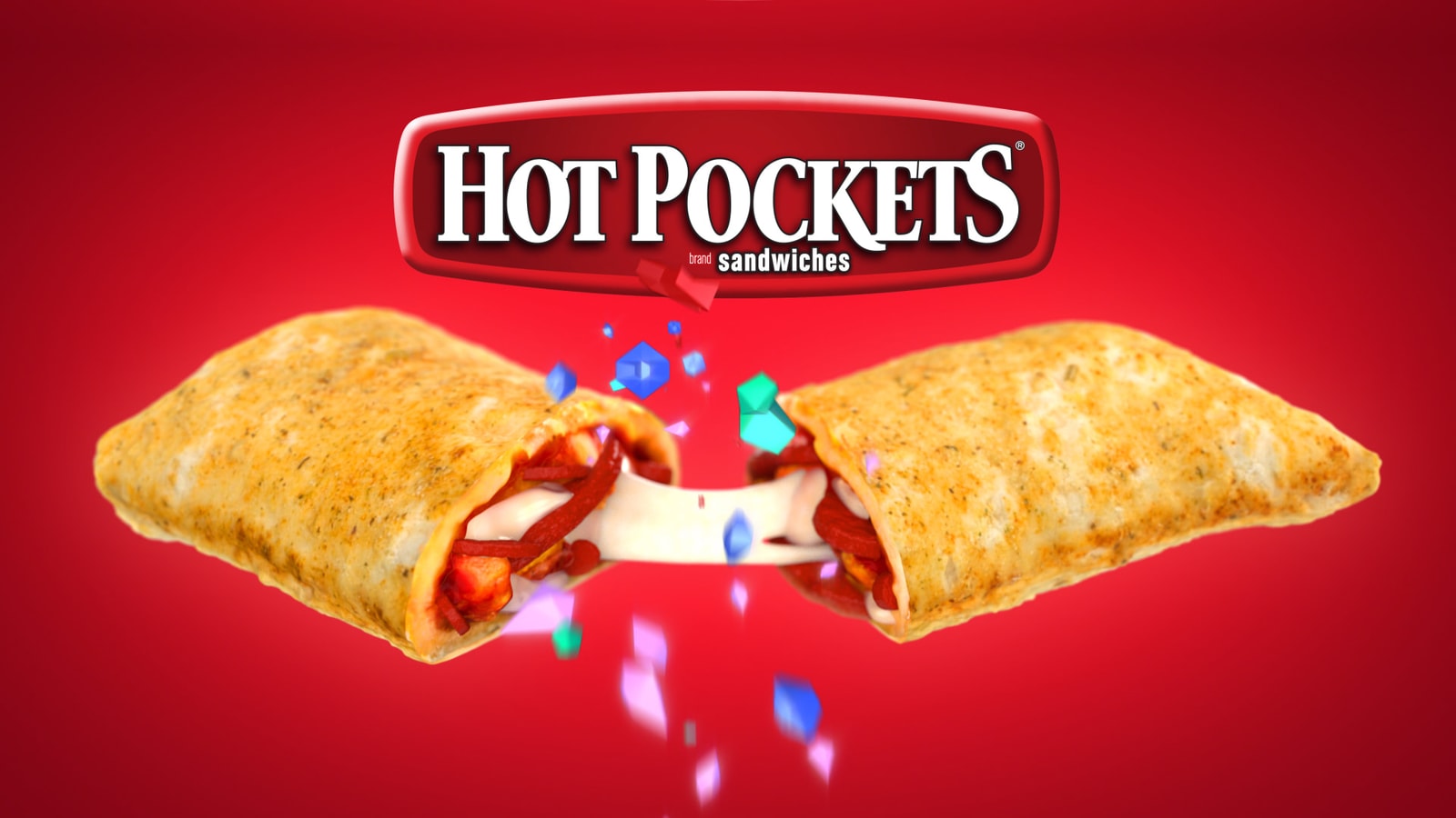 Two Hot Pockets halves reveal colorful gems against a red background.