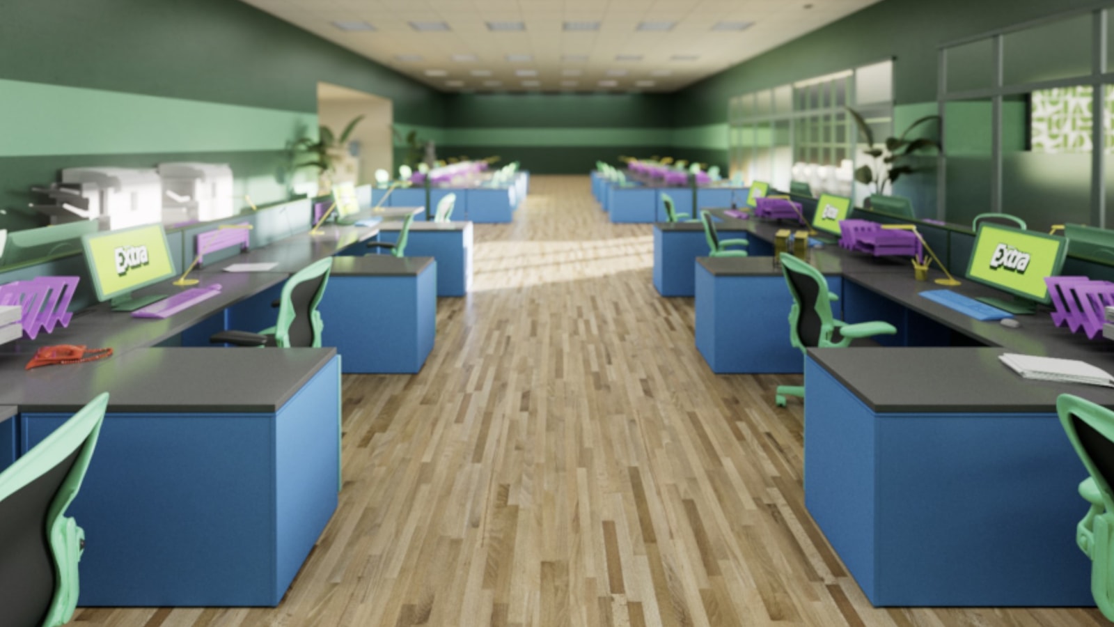 CG classroom environment with blue desks and animated school supplies.