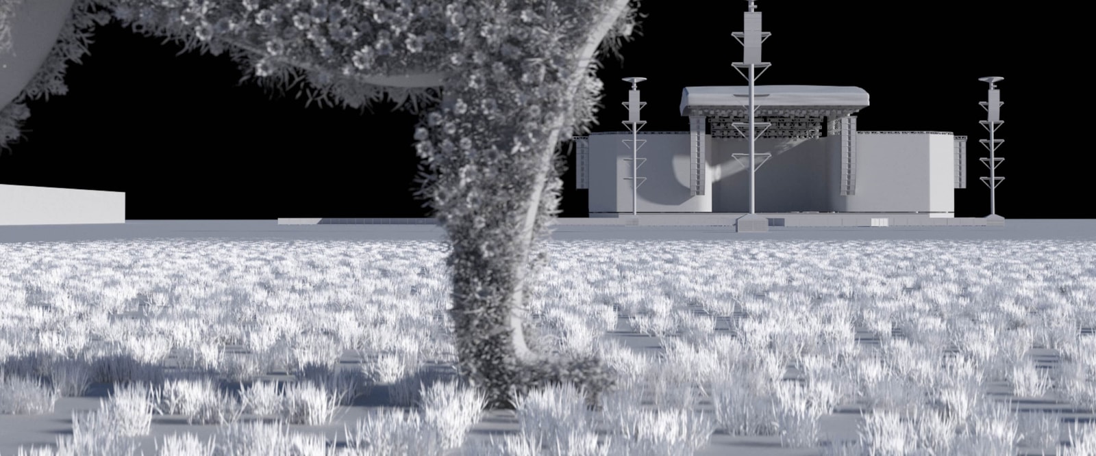 A gray CG render of the flower-covered sculpture and festival grounds.