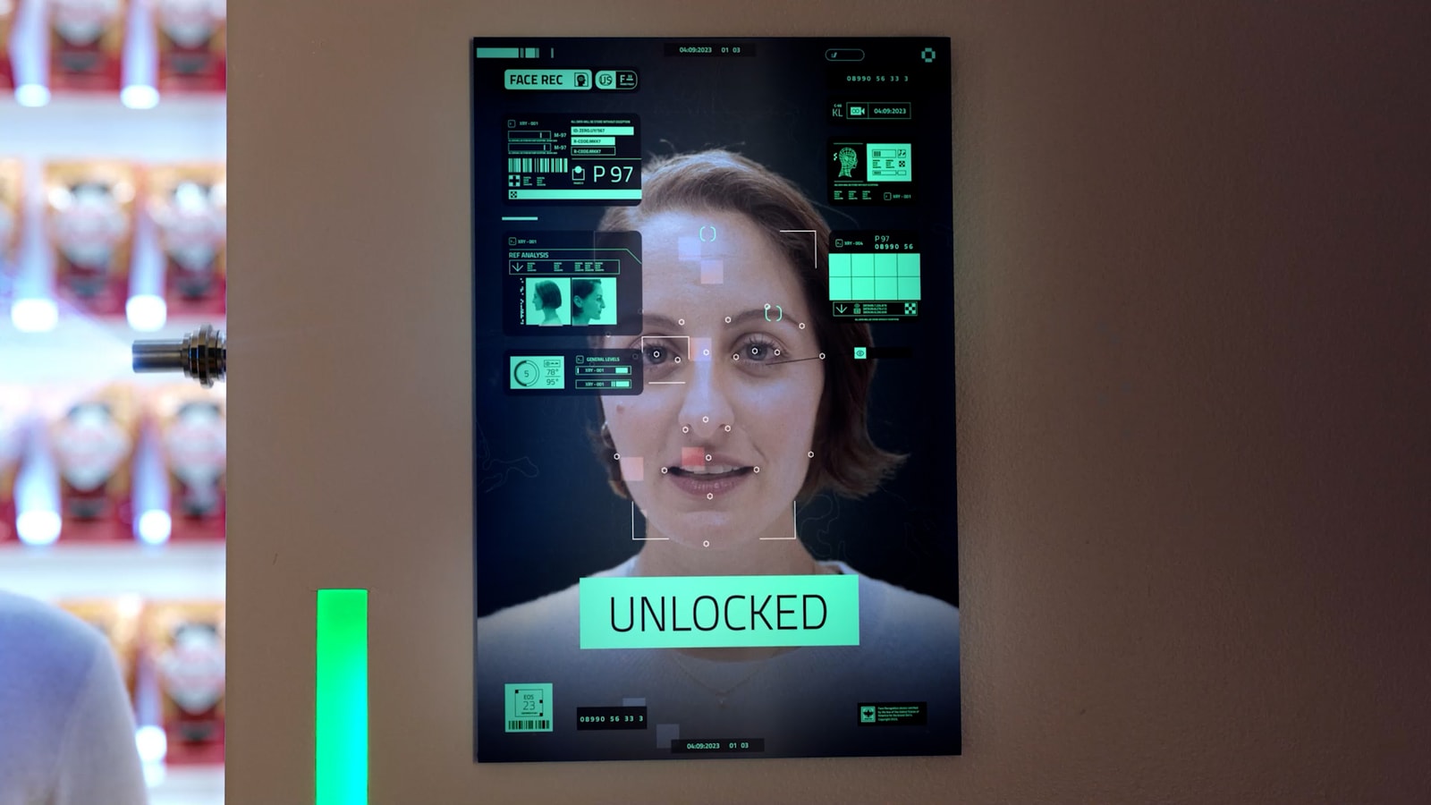 A digital pantry display scans a woman’s face and reads “Unlocked.”