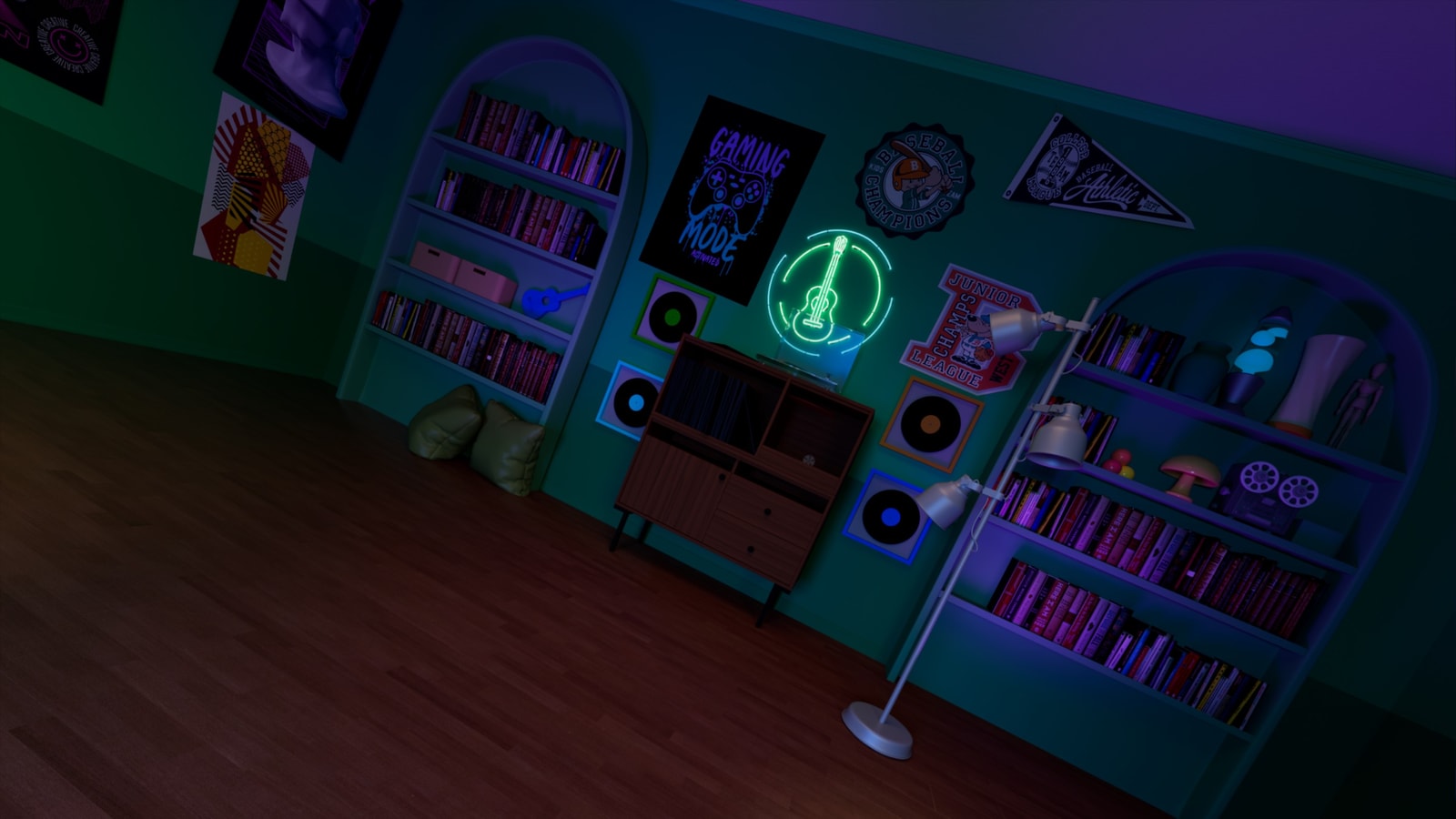 CG bedroom environment lit with purple and green light.