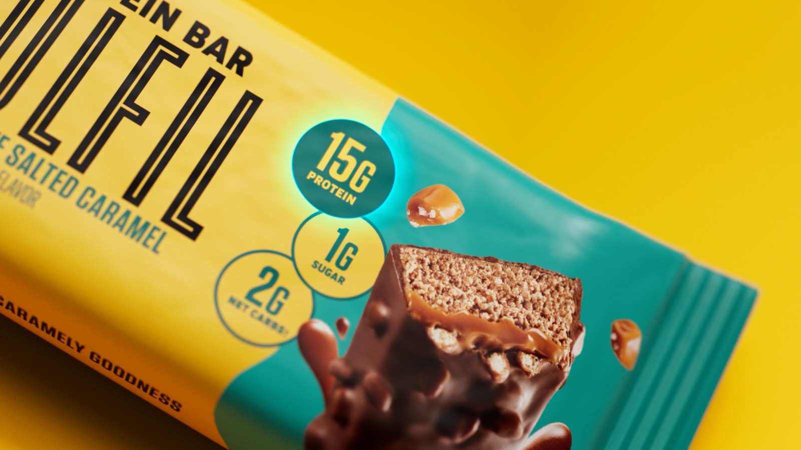 Fulfil chocolate salted caramel protein bar packaging.