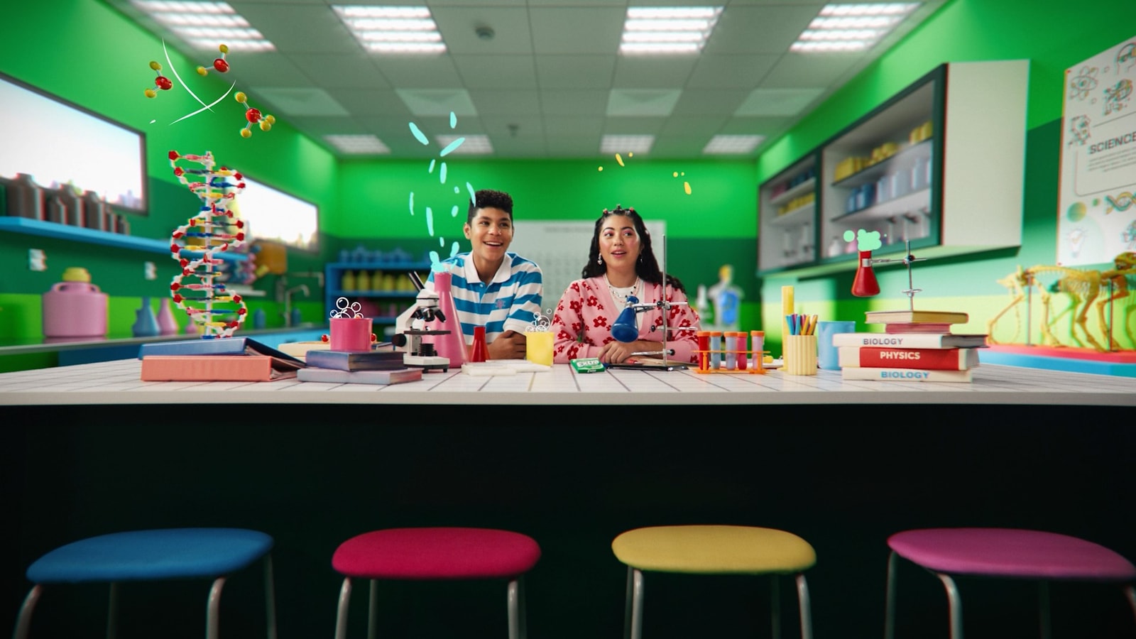 Wide view of a science lab filled with animated objects.