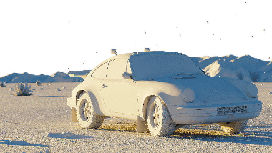 Untextured CG render of a rally Porsche and the surrounding landscape.